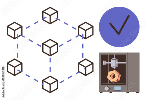 Blockchain, 3D printing, technology, data security, manufacturing, innovation. Abstract image of blockchain network, verification checkmark and 3D printer. Blockchain and 3D printing concept