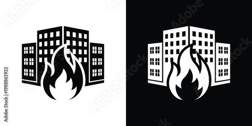 Black and white building fire icon. Emergency apartment blaze symbol for insurance, fire safety, or disaster prevention designs. Vector illustration of a burning residential or office complex.