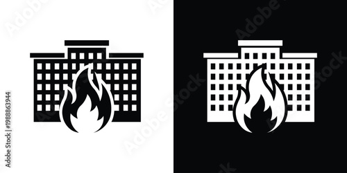 Black and white building fire icon. Emergency apartment blaze symbol for insurance, fire safety, or disaster prevention designs. Vector illustration of a burning residential or office complex.