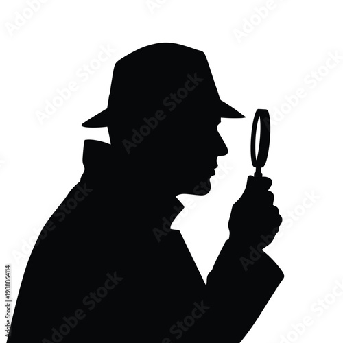 A silhouette of a detective wearing a hat and holding a magnifying glass to examine something.