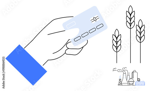 Agriculture, payments, economy, sustainability, industrial production, food systems. Hand holding card with wheat and factory symbols. Agriculture and payments concepts
