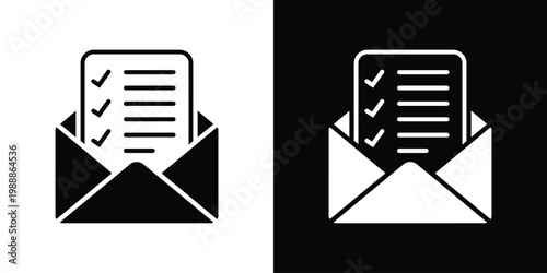 Email management and task automation icon. Open envelope with a checklist and gear symbol. Represents efficient communication, project processing, and workflow optimization.