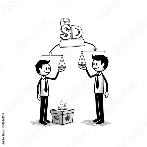 Businessmen weighing money and corruption.