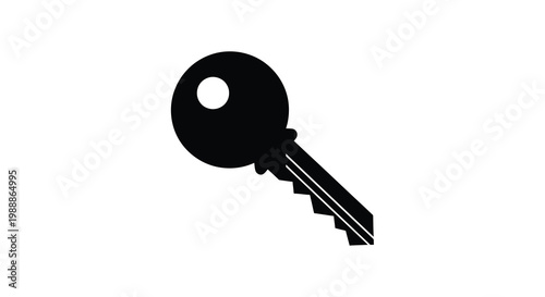 A simple black silhouette of a classic key angled slightly on a white background high quality