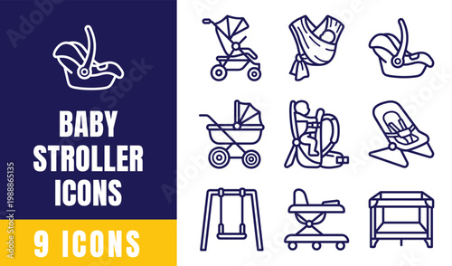 Baby Stroller and Infant Carrier Icon Set — 9 Outline Vector Icons for Pram, Car Seat and Baby Transport