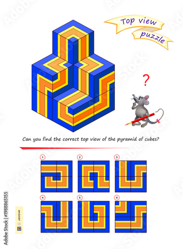 Can you find the correct top view of the pyramid of cubes? Hand drawn vector illustration. Logic game puzzle for children and adults. 3D maze. Brain teaser book. Develop spatial thinking. IQ test.