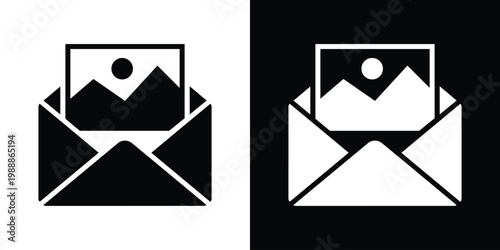 Digital photo attachment and image sharing icon. Open envelope with a landscape photograph inside. Minimalist black and white vector for multimedia messaging and gallery sharing.