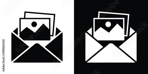 Digital photo attachment and image sharing icon. Open envelope with a landscape photograph inside. Minimalist black and white vector for multimedia messaging and gallery sharing.