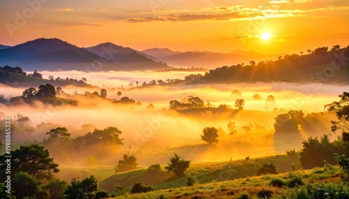 Serene Sunrise over Rolling Hills and Fog.