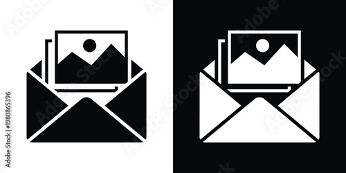 Digital photo attachment and image sharing icon. Open envelope with a landscape photograph inside. Minimalist black and white vector for multimedia messaging and gallery sharing.