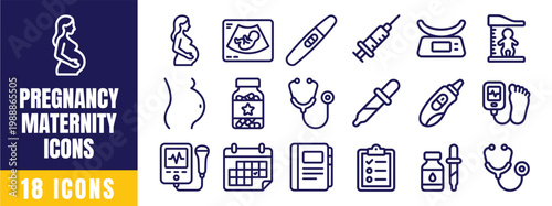 Pregnancy and Maternity Icon Set — 18 Outline Vector Icons for Prenatal Care, Health and Baby Expecting