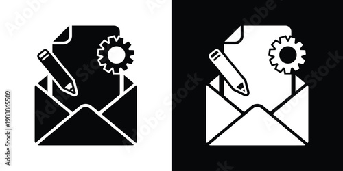 Message configuration and content editing icon. Open envelope with a document, pencil, and gear. Symbol for technical writing, email customization, and draft management.