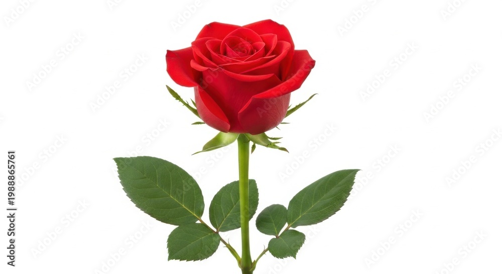 Naklejka premium Single Red Rose with Green Leaves On White Background