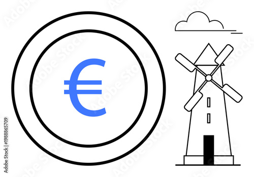 Sustainable energy, eco-business, finances, Europe, renewable resources, wind power. ion of a windmill and a Euro symbol. Sustainable energy and eco-business through design
