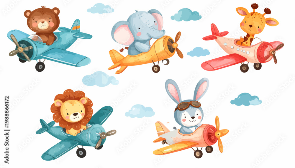 Obraz premium Cute Cartoon Animals Flying Airplanes Watercolor Illustration Set.