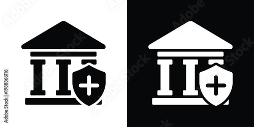 Home security and insurance icon. Black and white vector of a house protected by a shield with a plus sign. Symbolizes residential safety, health coverage, and property protection.