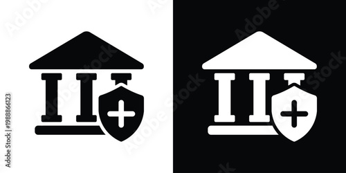 Home security and insurance icon. Black and white vector of a house protected by a shield with a plus sign. Symbolizes residential safety, health coverage, and property protection.