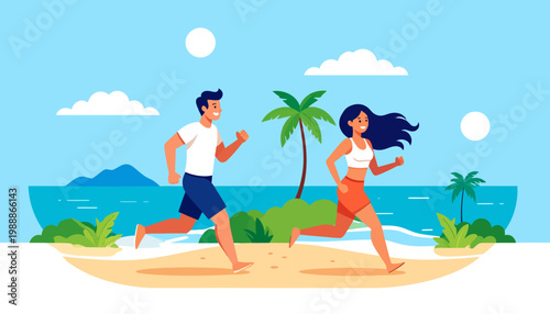 Couple Running on Beach Sand by Sea and Palm Trees