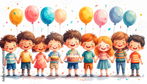 Happy Diverse Children Celebrating Birthday Party Together with Balloons.