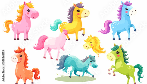 Vibrant Cartoon Horses Playful Illustrated Ponies Set.