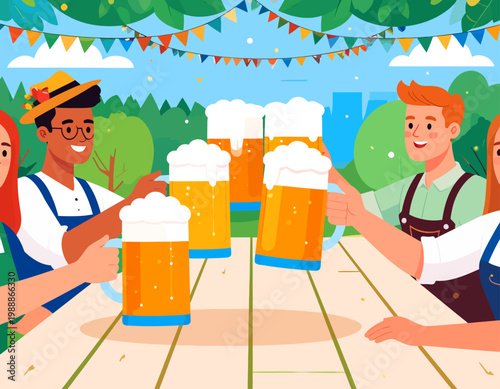 Men Clinking Beer Mugs at Outdoor Table.