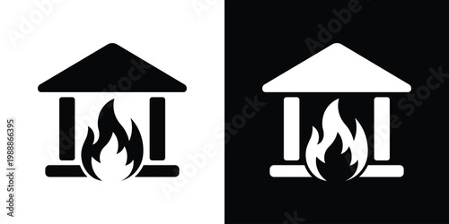 Solid icon of a building with flames inside. Represents a house fire, emergency, arson, insurance claim, or disaster symbol for safety and hazard warnings in black and white.