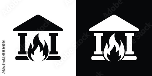 Solid icon of a building with flames inside. Represents a house fire, emergency, arson, insurance claim, or disaster symbol for safety and hazard warnings in black and white.