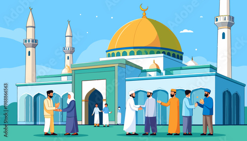 Group of Men Standing Near Mosque.