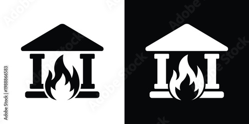 Solid icon of a building with flames inside. Represents a house fire, emergency, arson, insurance claim, or disaster symbol for safety and hazard warnings in black and white.
