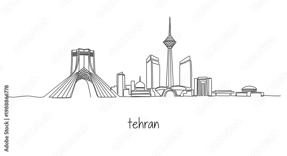 Fototapeta premium Tehran City Skyline Continuous Line Art Drawing Illustration