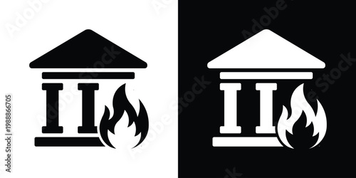 Solid icon of a building with flames inside. Represents a house fire, emergency, arson, insurance claim, or disaster symbol for safety and hazard warnings in black and white.