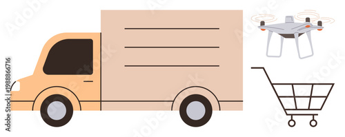 Logistics, e-commerce, delivery services, innovation, transportation, shopping. Delivery truck, quadcopter cart suggesting efficient delivery. Logistics and e-commerce concepts highlighted