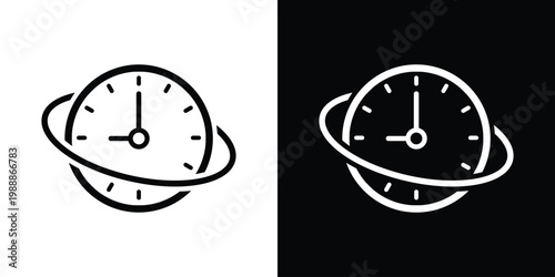 Minimalist line icon of a clock with an orbital ring. Represents global time zones, 24/7 service, world time, deadline management, and international scheduling in a modern style.