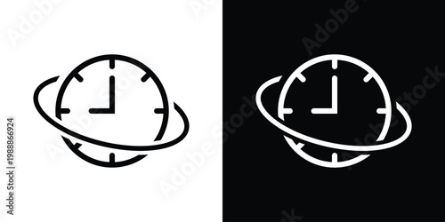 Minimalist line icon of a clock with an orbital ring. Represents global time zones, 24/7 service, world time, deadline management, and international scheduling in a modern style.