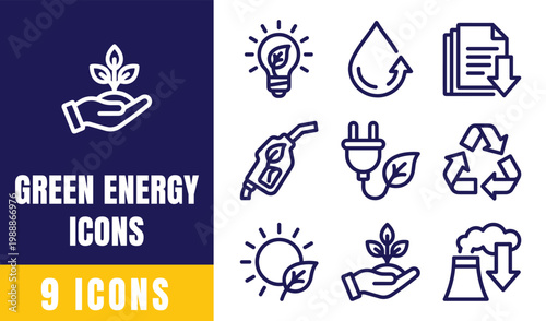 Green Energy Icon Set — 9 Outline Vector Icons for Renewable Energy, Sustainability and Eco-Friendly Concepts