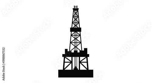 A stark black silhouette of an oil derrick against a plain white background showcasing industrial structure
