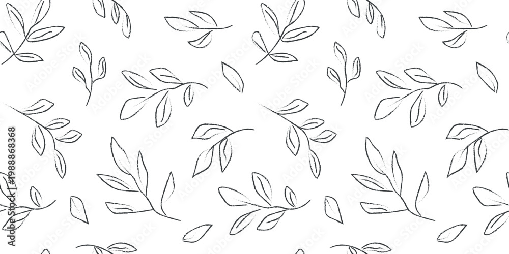 Fototapeta premium A seamless pattern featuring a simple monochrome print of branches and leaves in a line art style. Vector graphics.