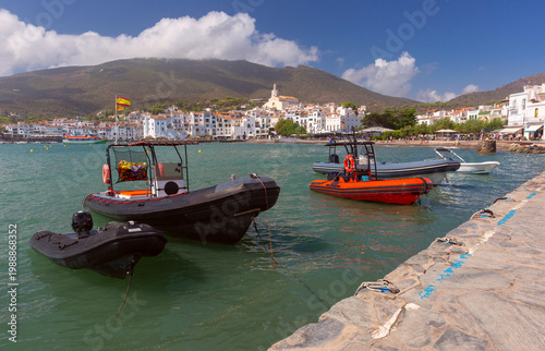 Photos Inflatable boats moored in Cadaques harbor, Catalonia, Spain