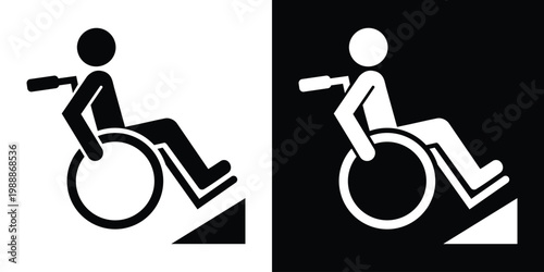 Vector icon of a person in a wheelchair navigating a ramp. Represents accessibility, disability rights, and inclusive architectural design in a clean, flat black and white style.