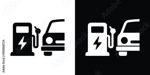 Modern icon of an EV charging station with a bolt symbol next to a car silhouette. Represents electric car refueling, green energy infrastructure, and eco-friendly transportation.