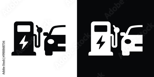 Modern icon of an EV charging station with a bolt symbol next to a car silhouette. Represents electric car refueling, green energy infrastructure, and eco-friendly transportation.