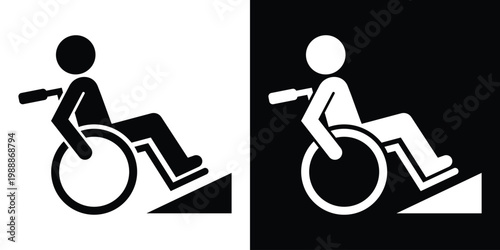Vector icon of a person in a wheelchair navigating a ramp. Represents accessibility, disability rights, and inclusive architectural design in a clean, flat black and white style.