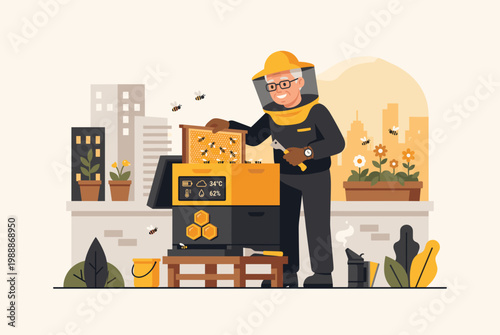 Senior Beekeeper Managing Smart Urban Beehive Productive Retirement Vector