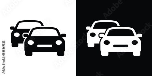 Front view of two modern passenger car icon. Clean minimalist flat vector design representing transportation, automotive industry, vehicle rental, and urban driving. Isolated on contrast backgrounds.