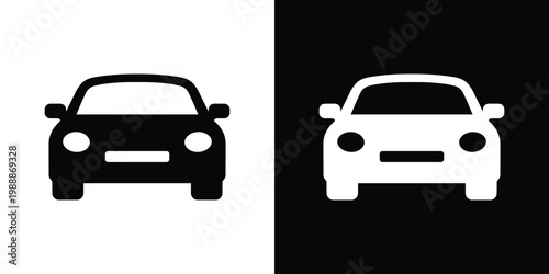 Front view of a modern passenger car icon. Clean minimalist flat vector design representing transportation, automotive industry, vehicle rental, and urban driving. Isolated on contrast backgrounds.