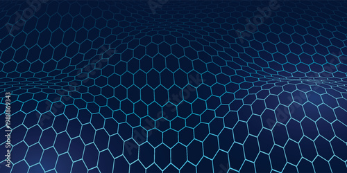 Futuristic dark blue honeycomb wave background. Digital hex grid with 3D perspective for technology, cybersecurity, and data science branding.