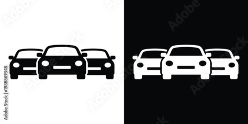 Front view of two modern passenger car icon. Clean minimalist flat vector design representing transportation, automotive industry, vehicle rental, and urban driving. Isolated on contrast backgrounds.