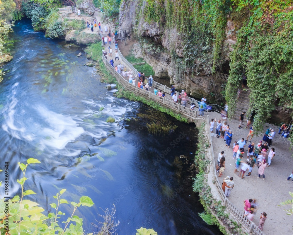 Fototapeta premium Tourists at Duden Waterfall Scenic Walkway Antalya Turkey
