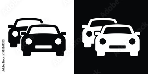 Two passenger cars in a row representing a fleet or traffic. Vector icon for car sharing, dealership, parking management, automotive sales, and transportation logistics. Black and white set.