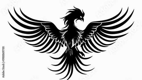 Black phoenix silhouette with outstretched wings on white background